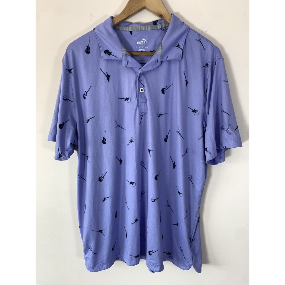 Puma Cloudspun Chords Polo Mens Large Lavender Guitar Print Moisture Wicking